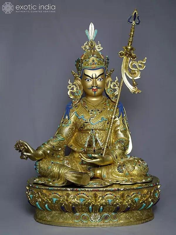 exotic india 29" Tibetan Buddhist Guru Padmasambhava Statue In Copper Gold Plated | Handmade Statue 