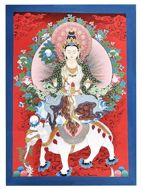 exotic india 29" x 21" Samantabhadra Mantra | Brocadeless Thangka | Handmade 