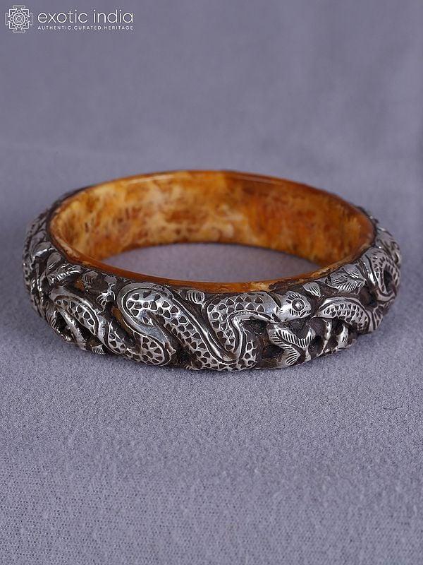 Exotic India 3.5" Amber And Silver Engraved Attracitve Bangle 