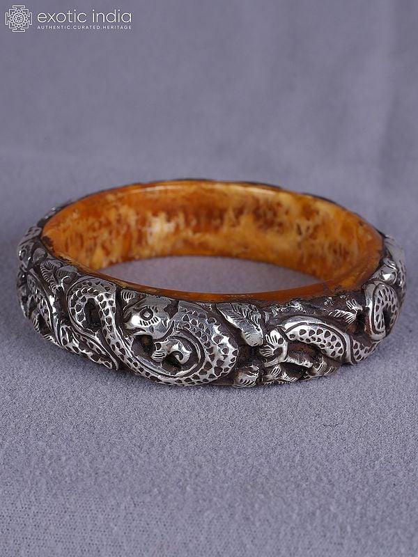 Exotic India 3.5" Amber And Silver Engraved Attracitve Bangle 