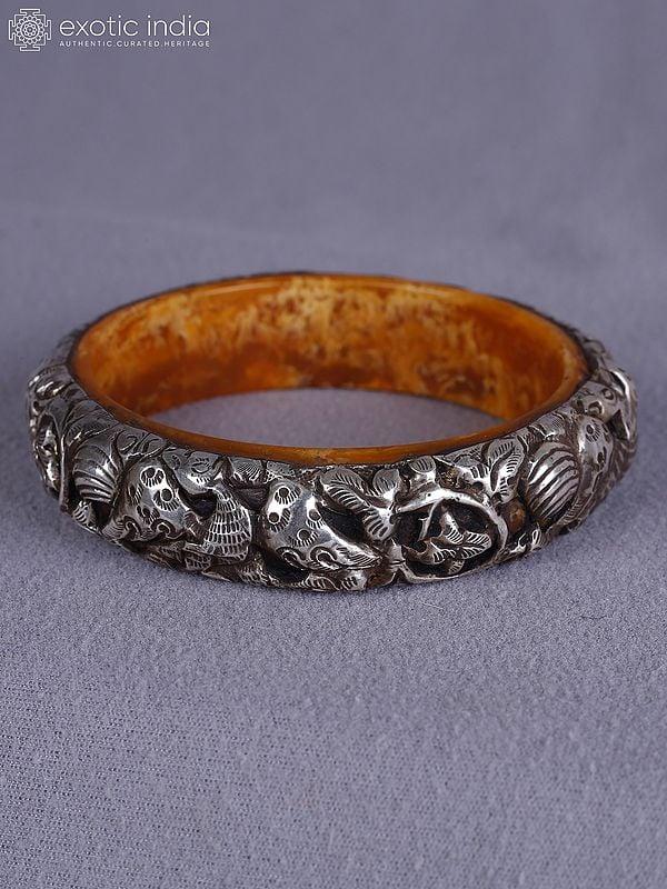 exotic india 3.5" Engraved Designer Amber And Silver Bangle From Nepal