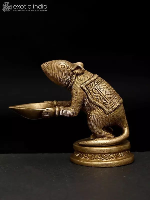 Exotic India 3" Rat Holding Diya | Brass Statue | Made In India 