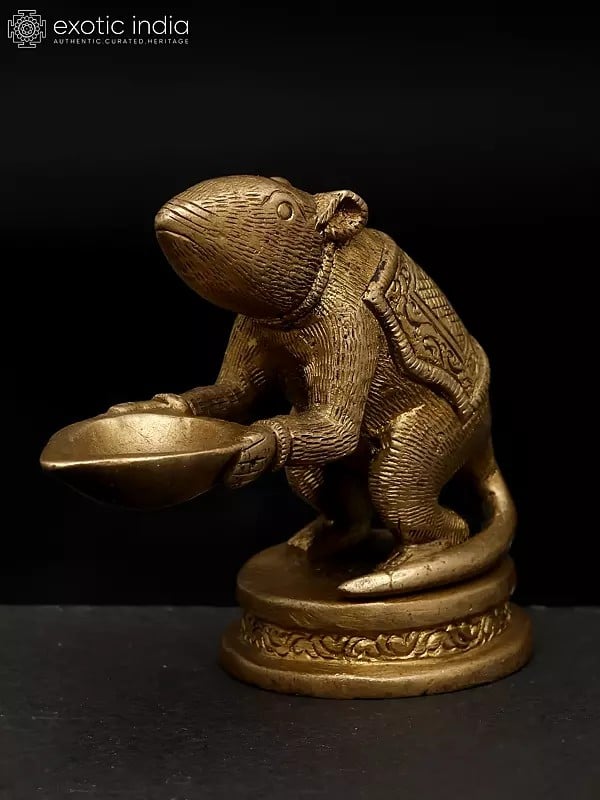 Exotic India 3" Rat Holding Diya | Brass Statue | Made In India 