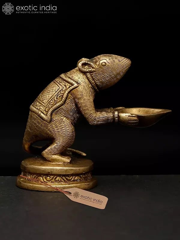 exotic india 3" Rat Holding Diya | Brass Statue | Made In India 