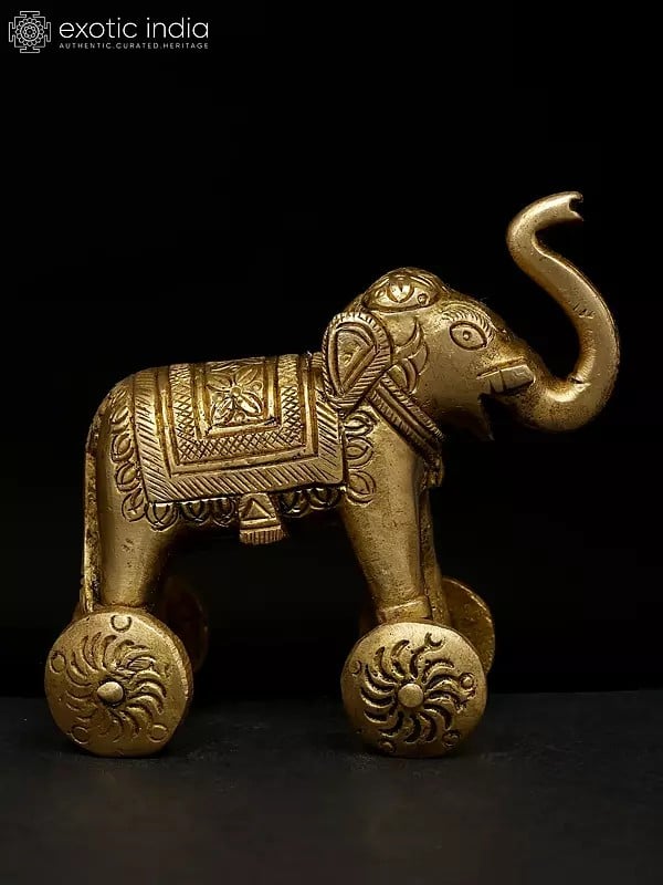 Exotic India 3" Small Brass Elephant Statue With Wheels | Animal Figurine 
