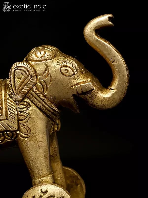 Exotic India 3" Small Brass Elephant Statue With Wheels | Animal Figurine 
