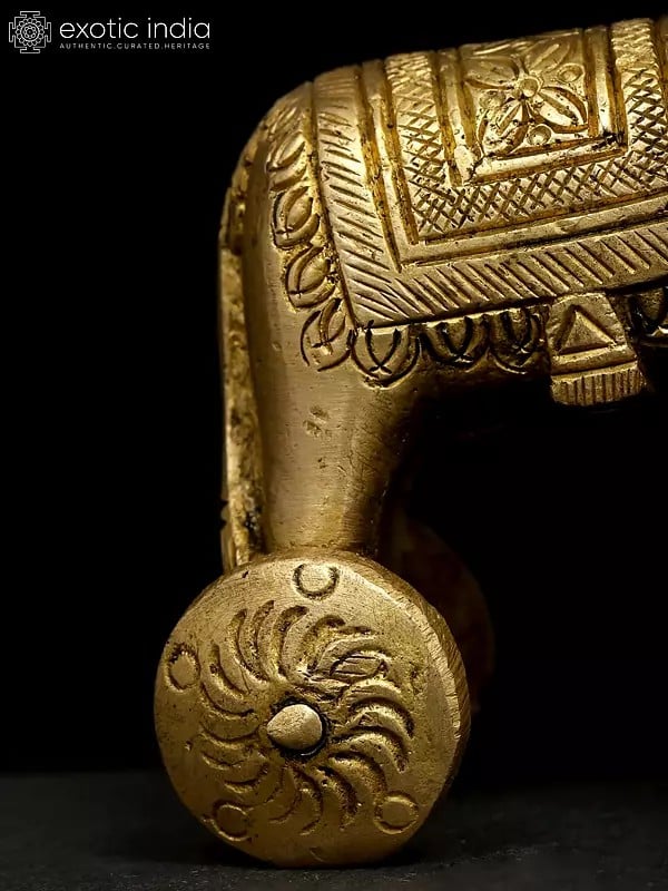 Exotic India 3" Small Brass Elephant Statue With Wheels | Animal Figurine 