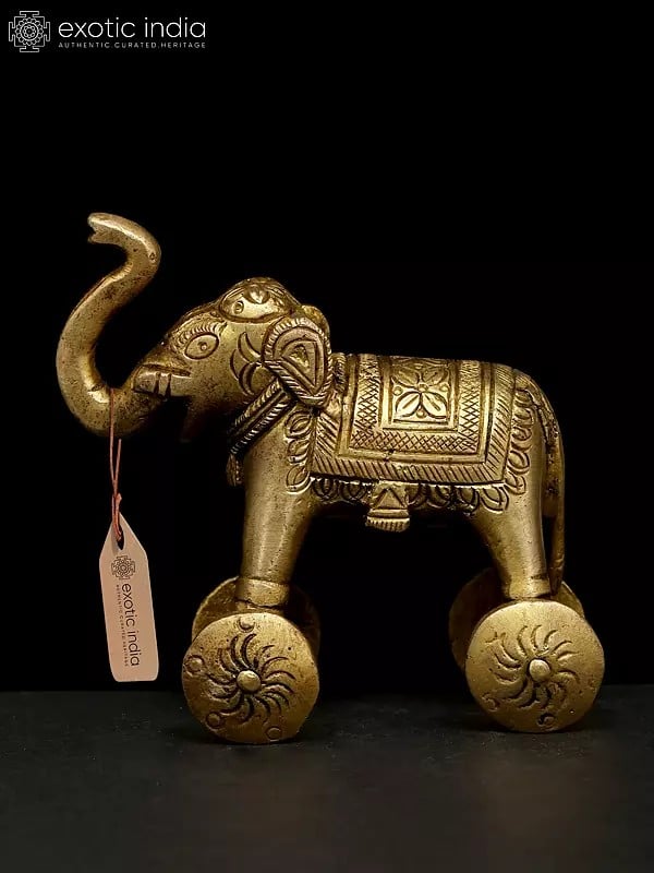 exotic india 3" Small Brass Elephant Statue with Wheels | Animal Figurine 