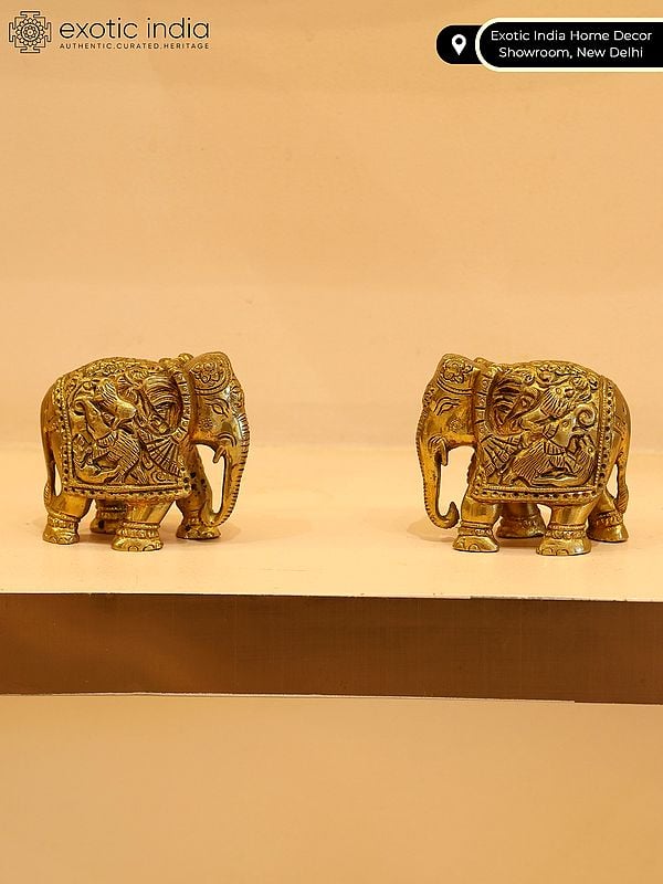Exotic India 3" Small Brass Engraved Pair Of Elephants