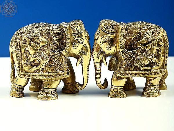 Exotic India 3" Small Brass Engraved Pair Of Elephants