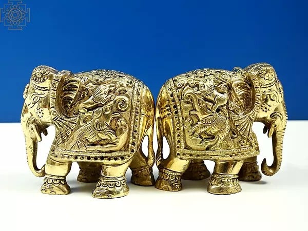 exotic india 3" Small Brass Engraved Pair of Elephants 
