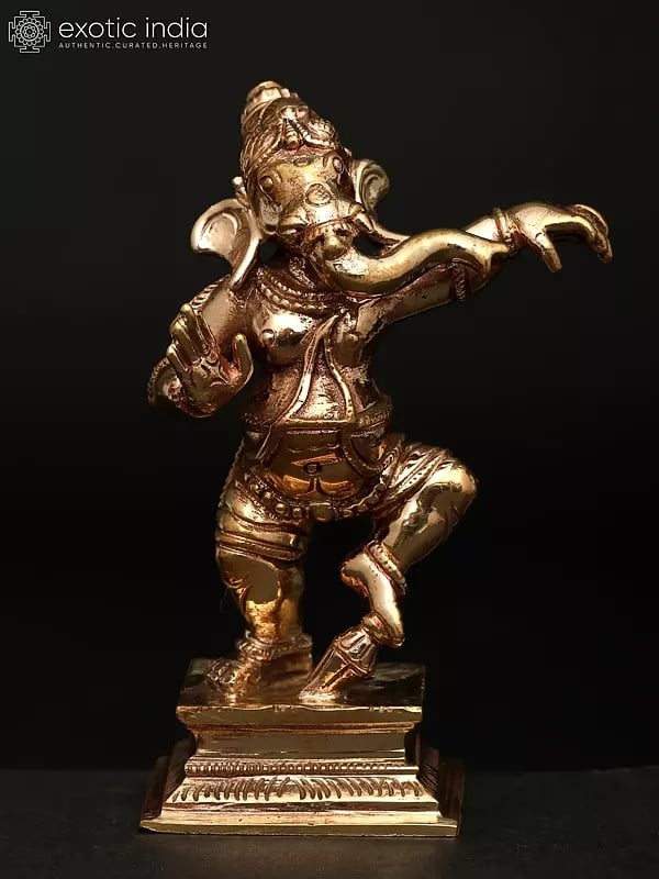 exotic india 3" Small Dancing Lord Ganesha | Madhuchista Vidhana (Lost-Wax) | Panchaloha Bronze from Swamimalai 