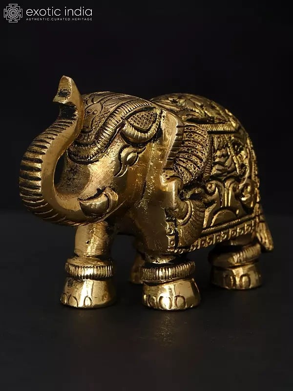 Exotic India 3" Small Elephant Statue With Upraised Trunk | Brass Statue