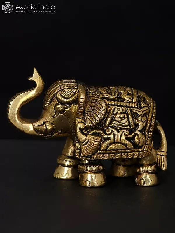 Exotic India 3" Small Elephant Statue With Upraised Trunk | Brass Statue