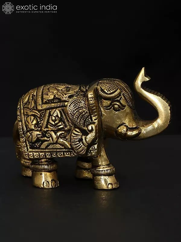 Exotic India 3" Small Elephant Statue With Upraised Trunk | Brass Statue