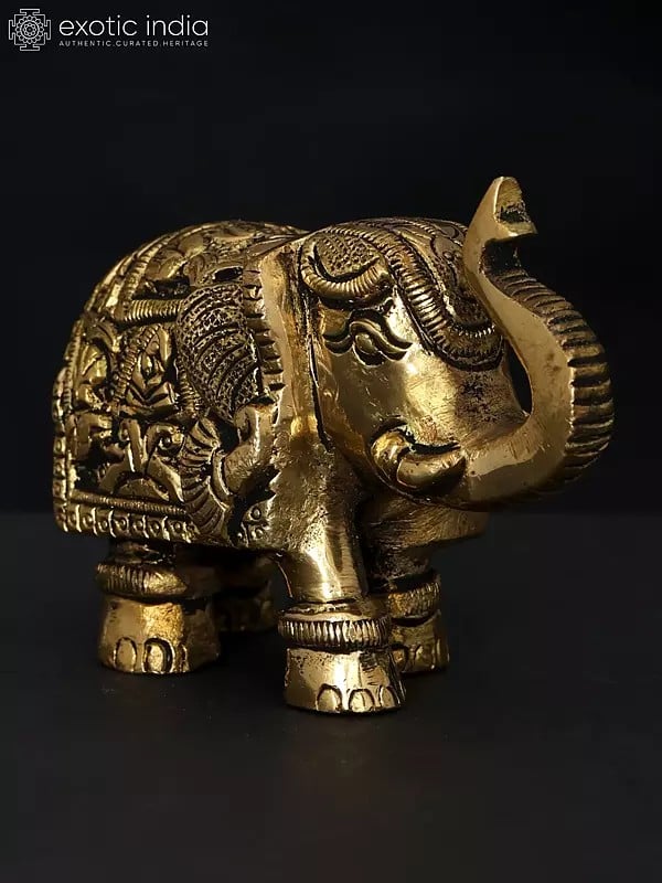 exotic india 3" Small Elephant Statue with Upraised Trunk | Brass Statue 