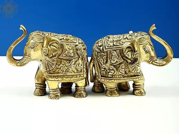Exotic India 3" Small Engraved Pair Of Elephants Statue With Trunk Up