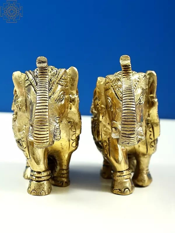 Exotic India 3" Small Engraved Pair Of Elephants Statue With Trunk Up
