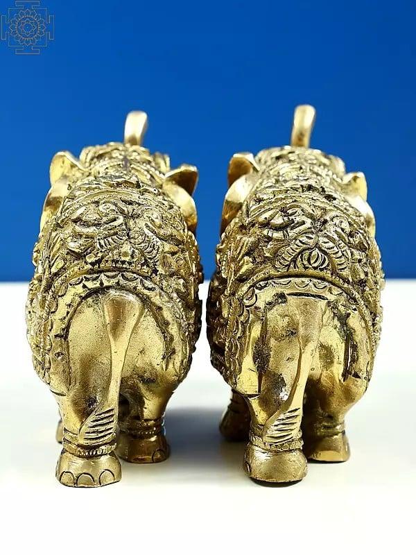 Exotic India 3" Small Engraved Pair Of Elephants Statue With Trunk Up