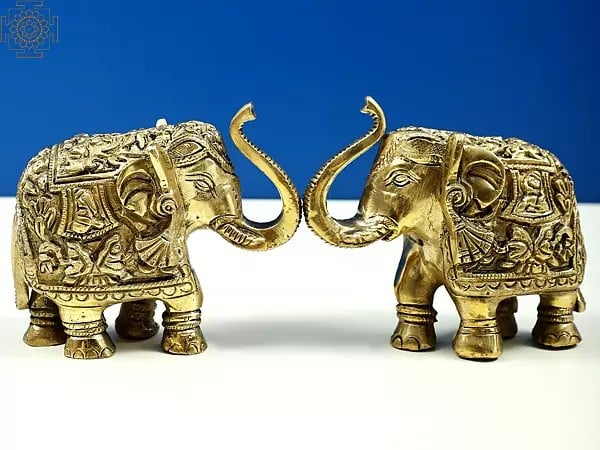 exotic india 3" Small Engraved Pair of Elephants Statue with Trunk Up 