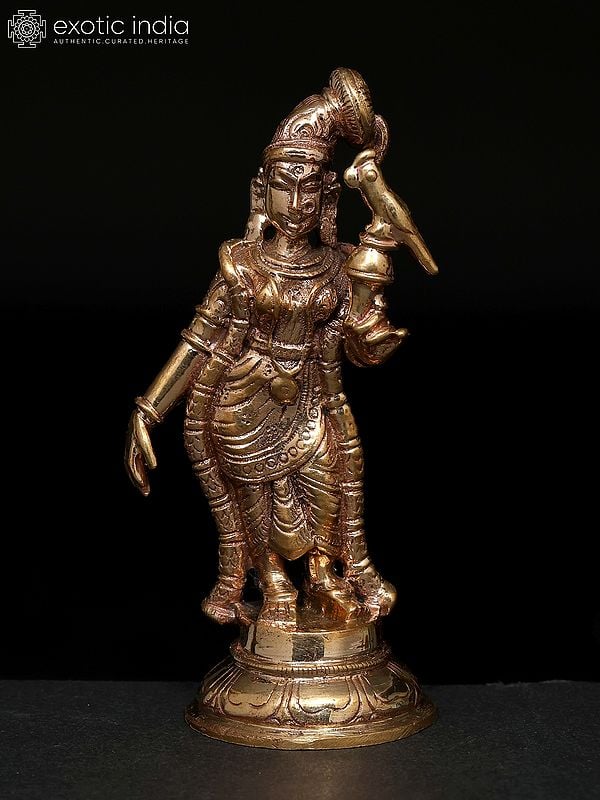 exotic india 3" Small Goddess Andal | Madhuchista Vidhana (Lost-Wax) | Panchaloha Bronze from Swamimalai 
