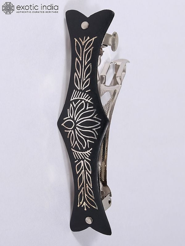 Exotic India 3" Small Hair Clip Of Lotus Design | Bidri Artwork | Gunmetal With Real Silver