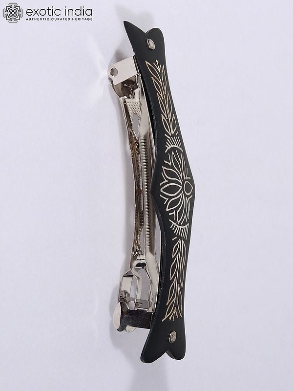 Exotic India 3" Small Hair Clip Of Lotus Design | Bidri Artwork | Gunmetal With Real Silver