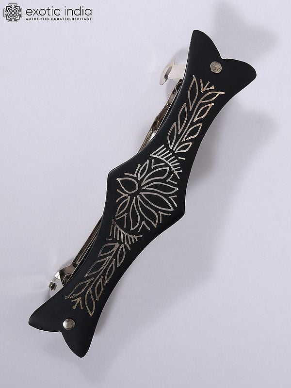 exotic india 3" Small Hair Clip of Lotus Design | Bidri Artwork | Gunmetal with Real Silver 