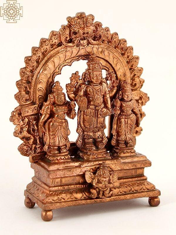 Exotic India 3" Small Hindu Deity Vishnu With Sridevi And Bhudevi | Copper Statue 