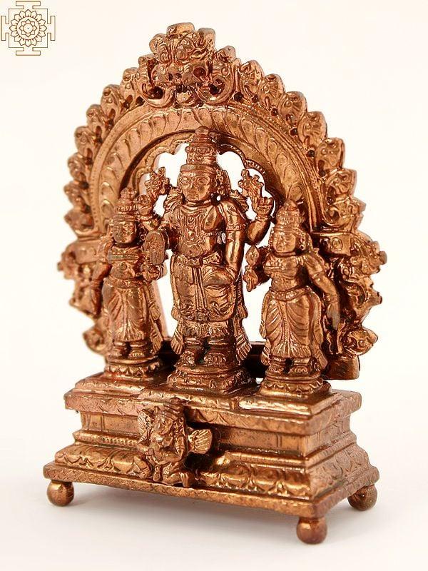 Exotic India 3" Small Hindu Deity Vishnu With Sridevi And Bhudevi | Copper Statue 