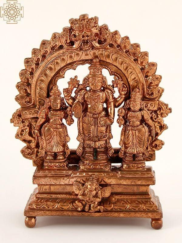 exotic india 3" Small Hindu Deity Vishnu with Sridevi and Bhudevi | Copper Statue 