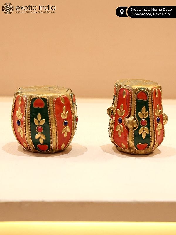 Exotic India 3" Small Pair Of Decorative Tabla Showpieces | Brass With Inlay Work | Musical Decor 