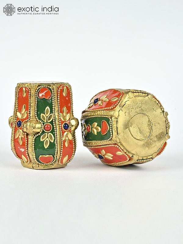 Exotic India 3" Small Pair Of Decorative Tabla Showpieces | Brass With Inlay Work | Musical Decor 