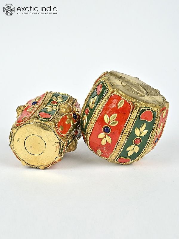 Exotic India 3" Small Pair Of Decorative Tabla Showpieces | Brass With Inlay Work | Musical Decor 