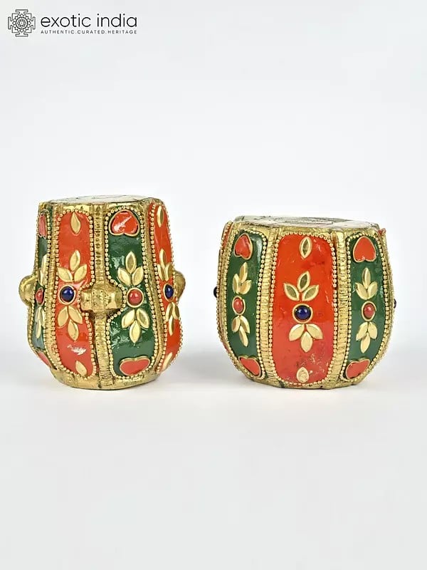 exotic india 3" Small Pair of Decorative Tabla Showpieces | Brass with Inlay Work | Musical Decor 
