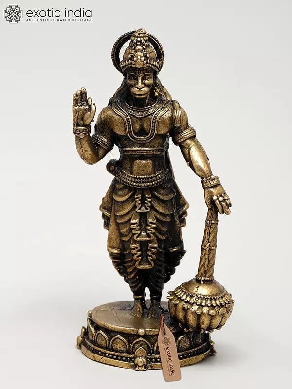 exotic india 3" Small Superfine Blessing Hanuman with Mace - Symbol of Strength & Devotion | Ideal for Puja 