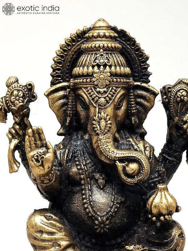 Exotic India 3" Small Superfine Lord Ganesha Seated On Lotus With Divine Blessings | Ideal For Puja 