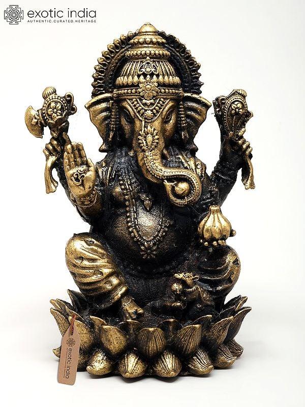 exotic india 3" Small Superfine Lord Ganesha Seated on Lotus with Divine Blessings | Ideal for Puja 
