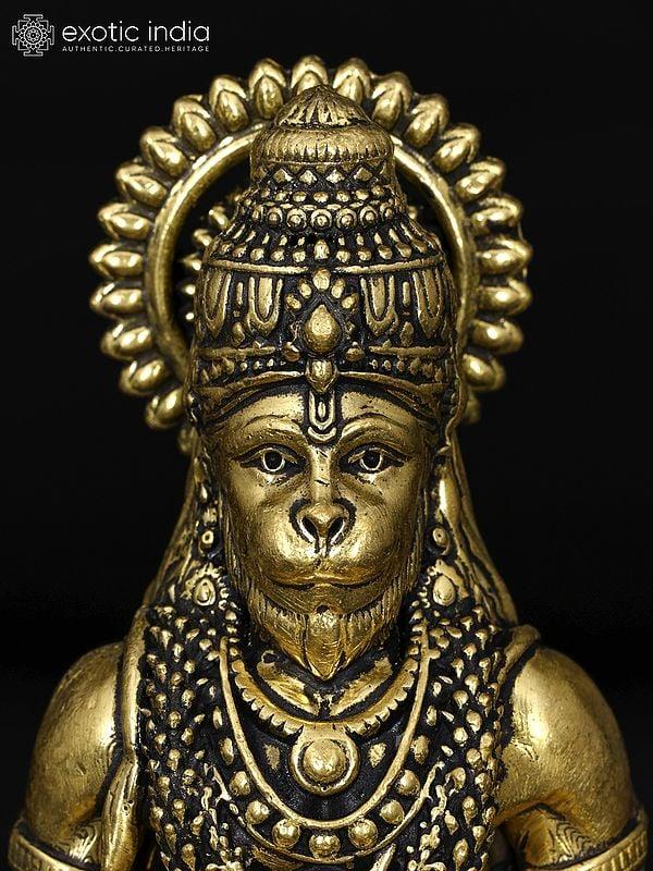 Exotic India 3" Small Superfine Lord Hanuman Meditating With Ram Naam Book | Brass Statue 