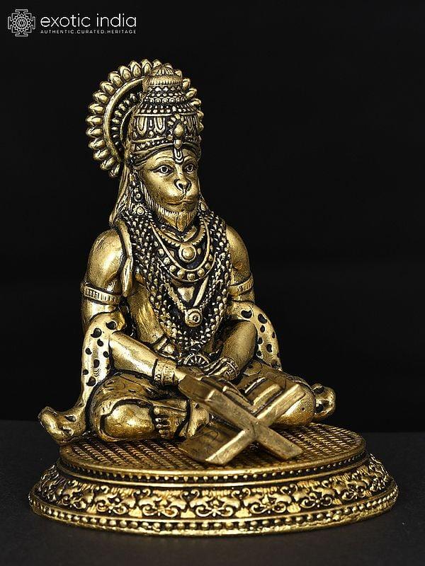 Exotic India 3" Small Superfine Lord Hanuman Meditating With Ram Naam Book | Brass Statue 