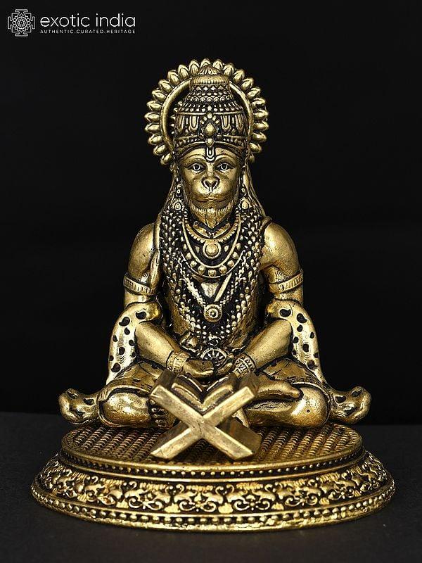 exotic india 3" Small Superfine Lord Hanuman Meditating with Ram Naam Book | Brass Statue 