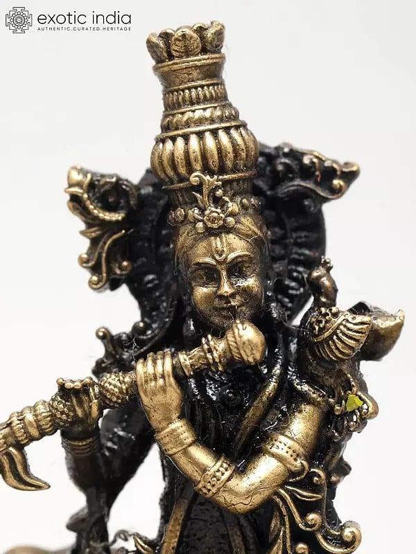 Exotic India 3" Small Superfine Lord Krishna Playing Flute With Divine Cow | Ideal For Puja 