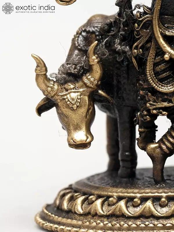 Exotic India 3" Small Superfine Lord Krishna Playing Flute With Divine Cow | Ideal For Puja 