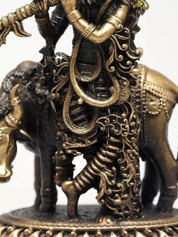 Exotic India 3" Small Superfine Lord Krishna Playing Flute With Divine Cow | Ideal For Puja 