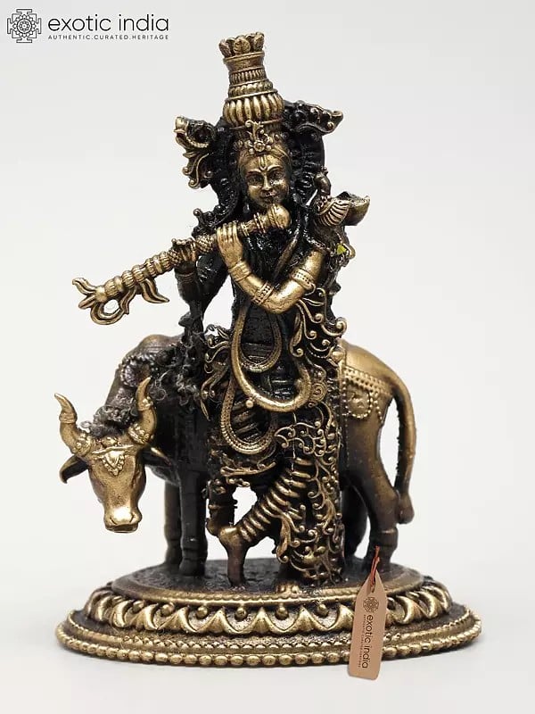 exotic india 3" Small Superfine Lord Krishna Playing Flute with Divine Cow | Ideal for Puja 