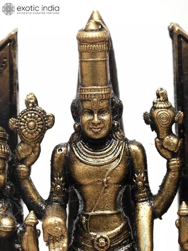 Exotic India 3" Small Superfine Lord Perumal (Vishnu) With Bhudevi And Sridevi | Ideal For Puja 