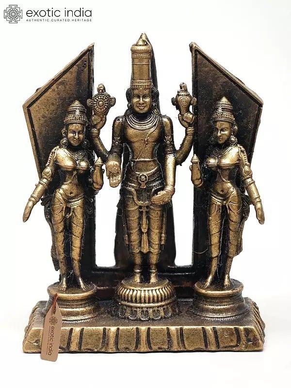 exotic india 3" Small Superfine Lord Perumal (Vishnu) with Bhudevi and Sridevi | Ideal for Puja 
