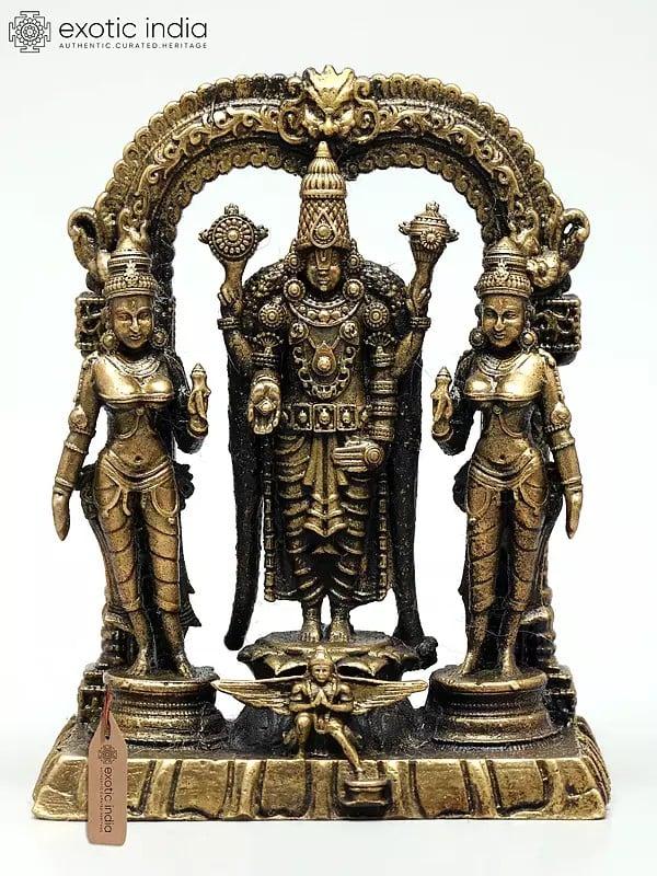 exotic india 3" Small Superfine Lord Tirupati Balaji Standing on Kirtimukha Arch with Sridevi Bhudevi and Garuda | Made in Coimbatore | Ideal for Puja 