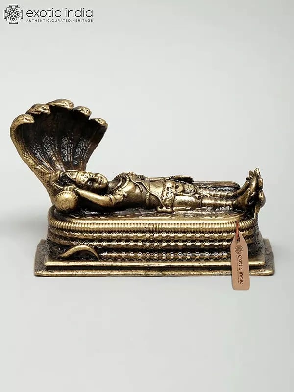 exotic india 3" Small Superfine Lord Vishnu in Anant Shayana on Adishesha | Ideal for Puja 