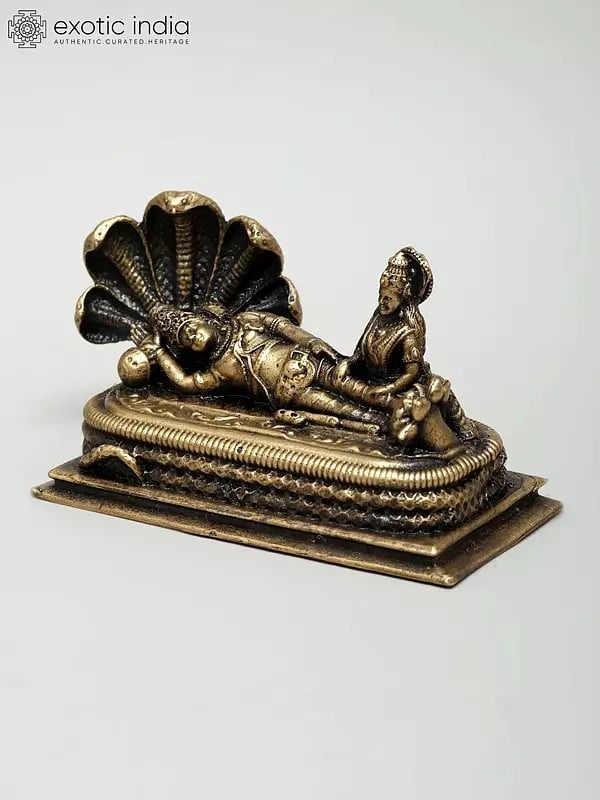 Exotic India 3" Small Superfine Lord Vishnu In Anant Shayana With Goddess Lakshmi | Made In Coimbatore | Ideal For Puja 